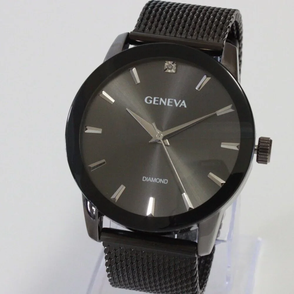 Geneva Men's Dress Watch Gun Metal Finish Diamond At 12 Milanese Bracelet 42mm